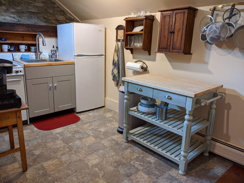 Small kitchen area with a Keurig coffee maker, microwave