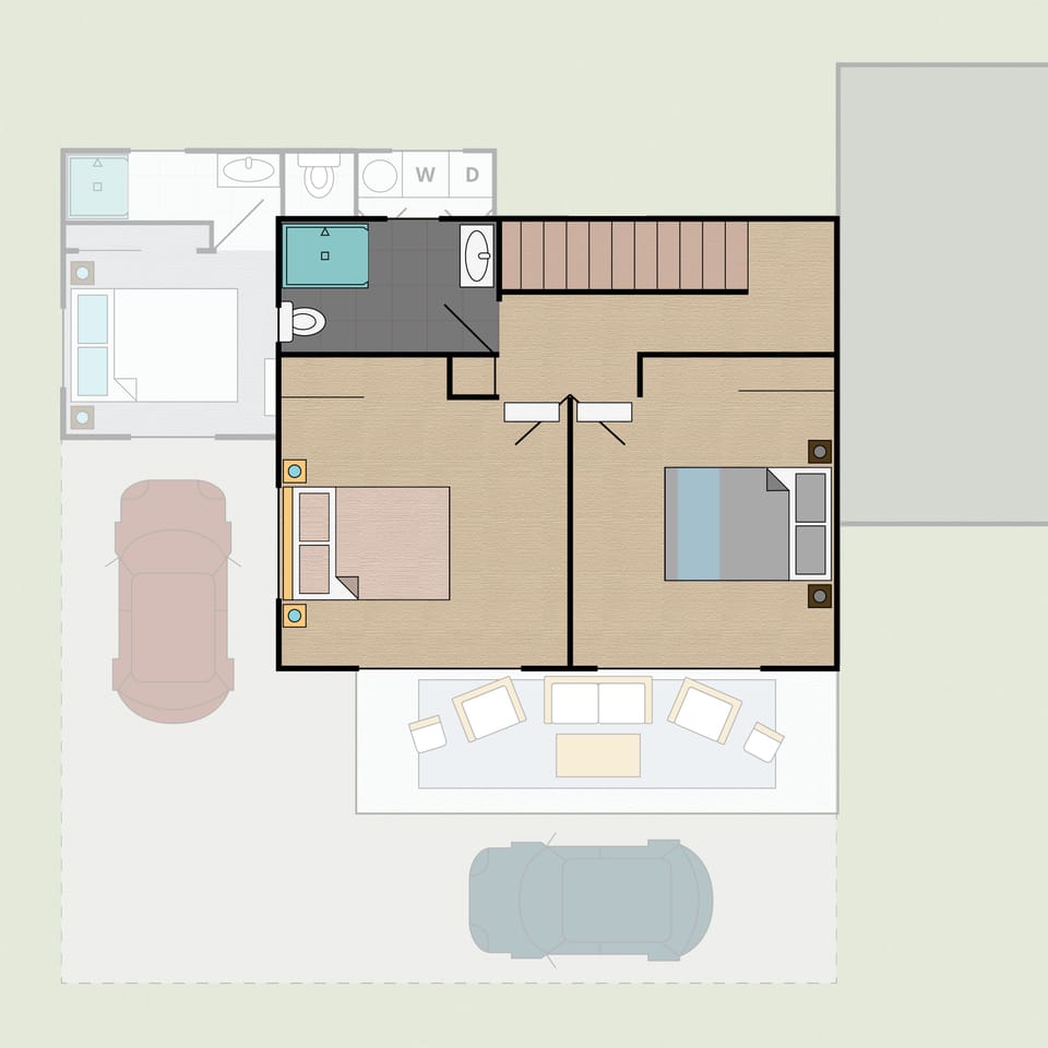 Floor plan: upstairs (2 bedrooms + bathroom) - bedroom with king bed setup