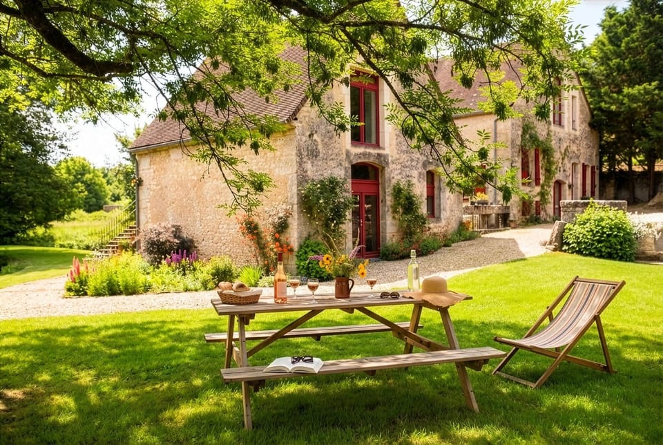 Riverside dining in the private garden; enjoy local Burgundy wine and nature.