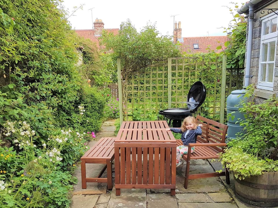 Outdoor patio area with extendable large dining table and BBQ. 