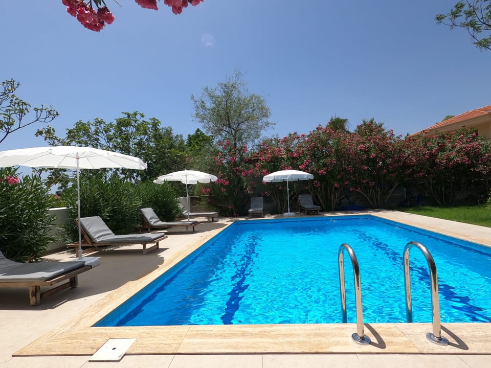 Salt water pool with sunbeds and parasols.