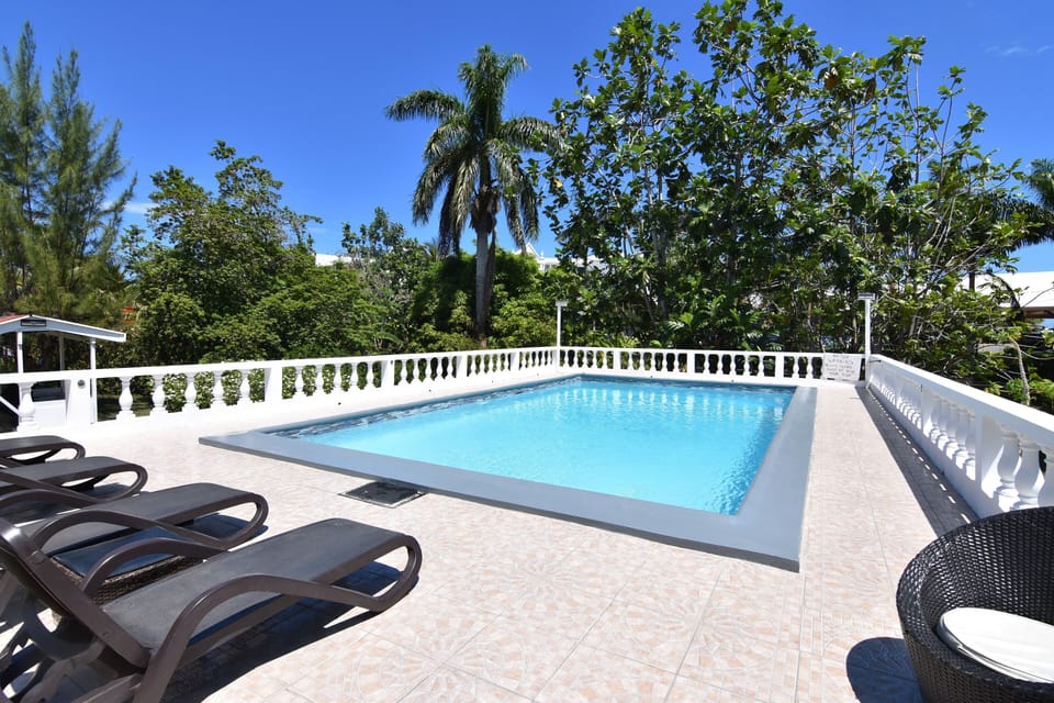 Swimming pool with Jacuzzi also BBQ pit on the ground to the left of the pool 