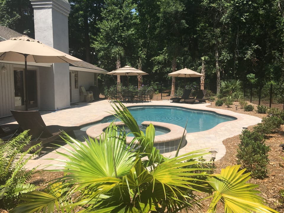 Private swimming pool with hot tub with Weber and charcoal grills