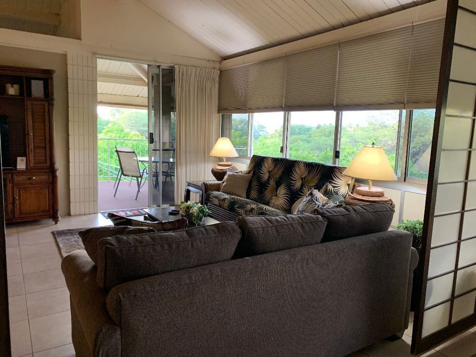 Living room looking out on the lanai with partial ocean views