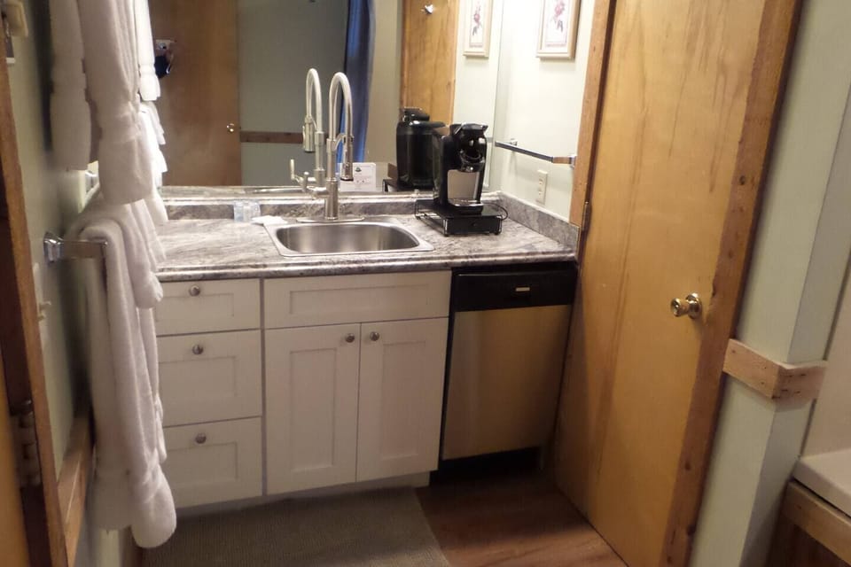 Renovated vanity, sink, and dishwasher. Soap/detergent provided.