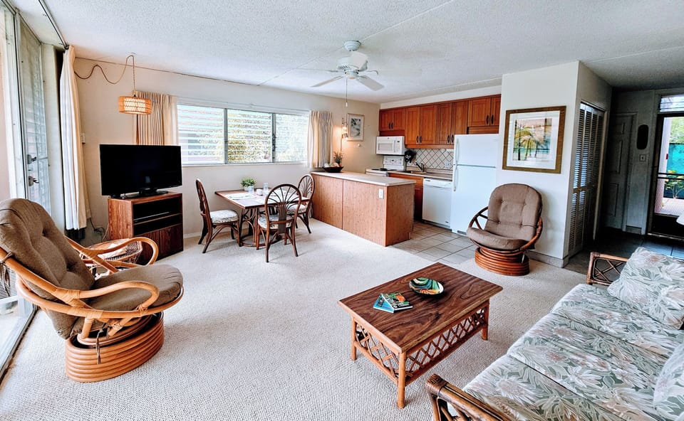 The living room is bright and airy. The extra windows are a plus