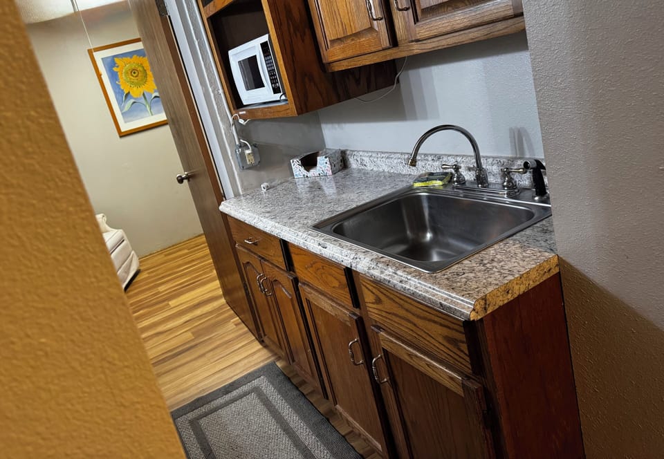 Lower level kitchenette with sink in microwave