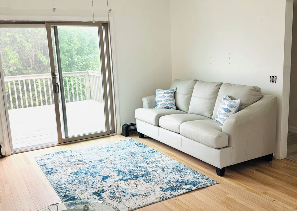 Leather couch on other side of living room that pulls out queen size bed
