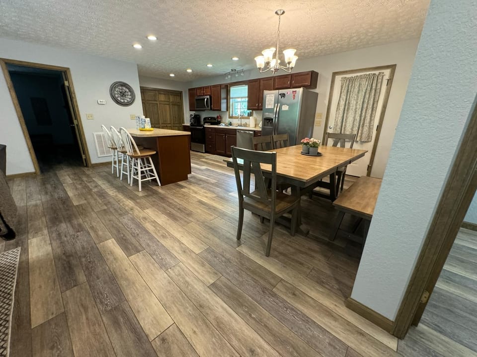 Kitchen, dining room table (highchair is in master bedroom closet)
