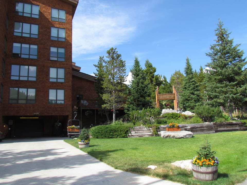 Entrance to heated parking garage at Skycrest condos, Summer.