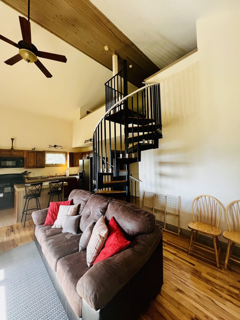 Spiral staircase to get to the sleeping loft. 1 queen, 2 twins, NO BATHROOM