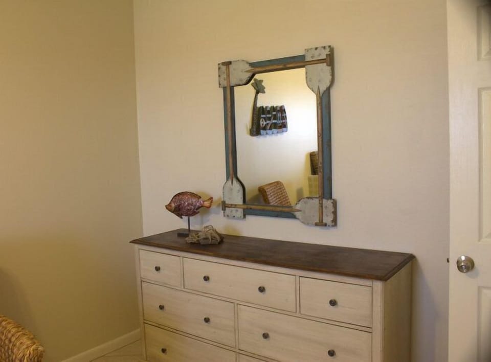 Guest Bedroom 3 Distressed Decor, dresser with mirror.