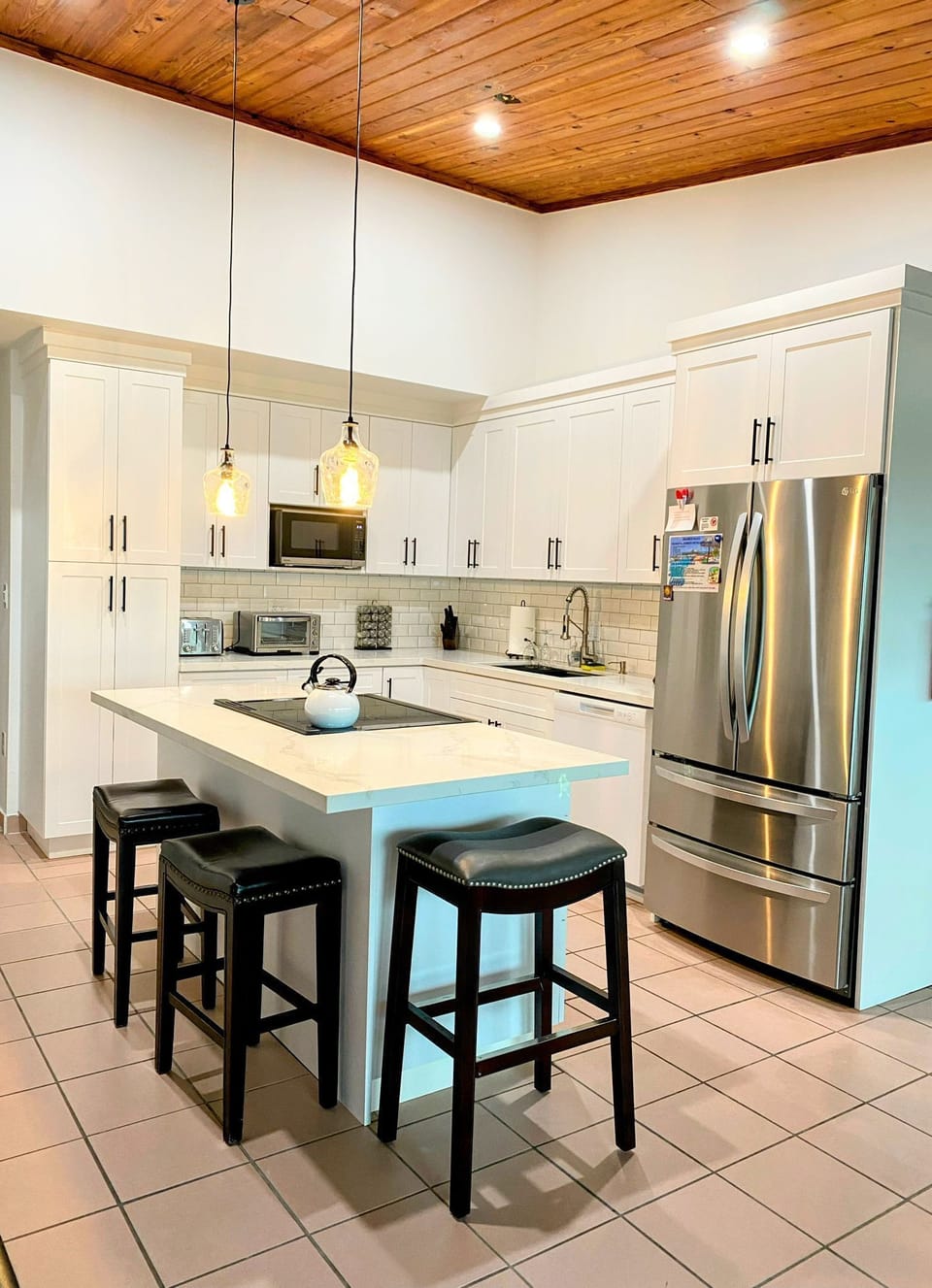 View of renovated kitchen and Island. 