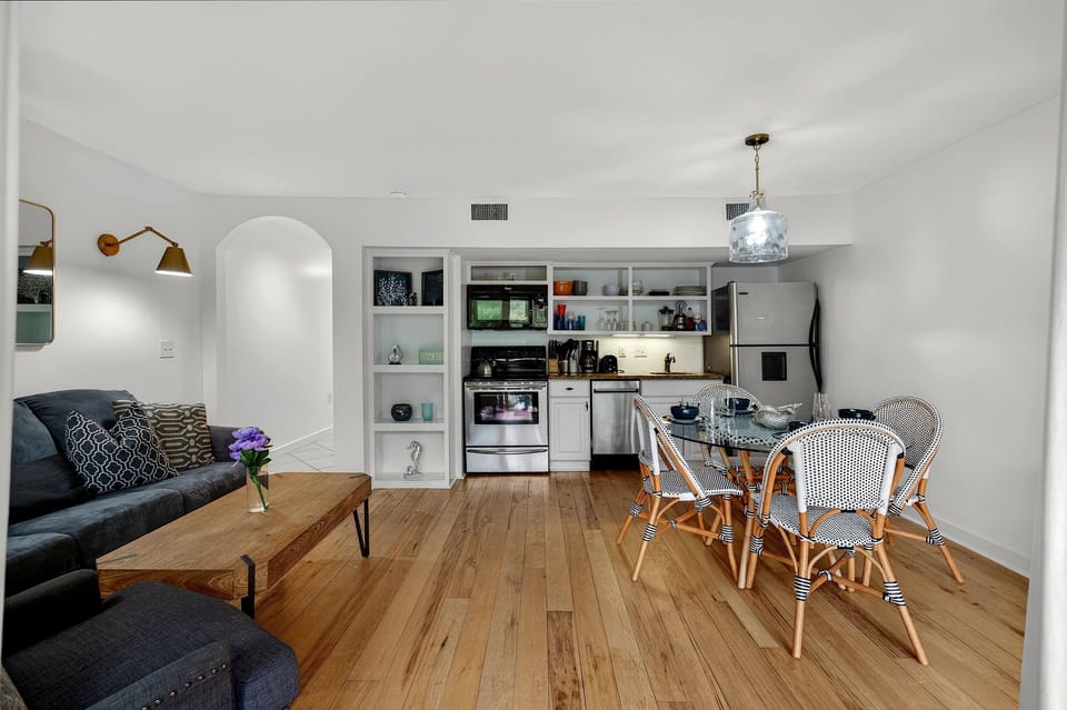 Living Space, Dining Table, and Kitchen