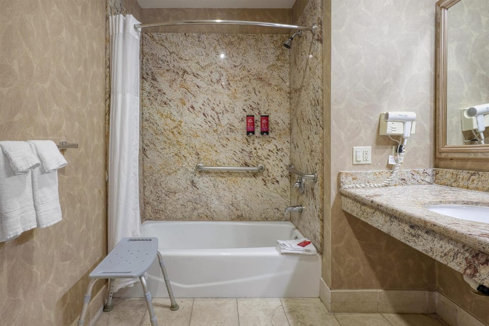 Standard Room, 2 Queen Beds, Accessible, Bathtub | Bathroom | Combined shower/tub, free toiletries, hair dryer, towels