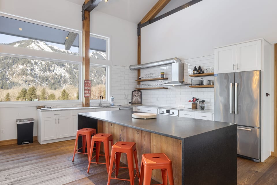 Plenty of seating in open kitchen.