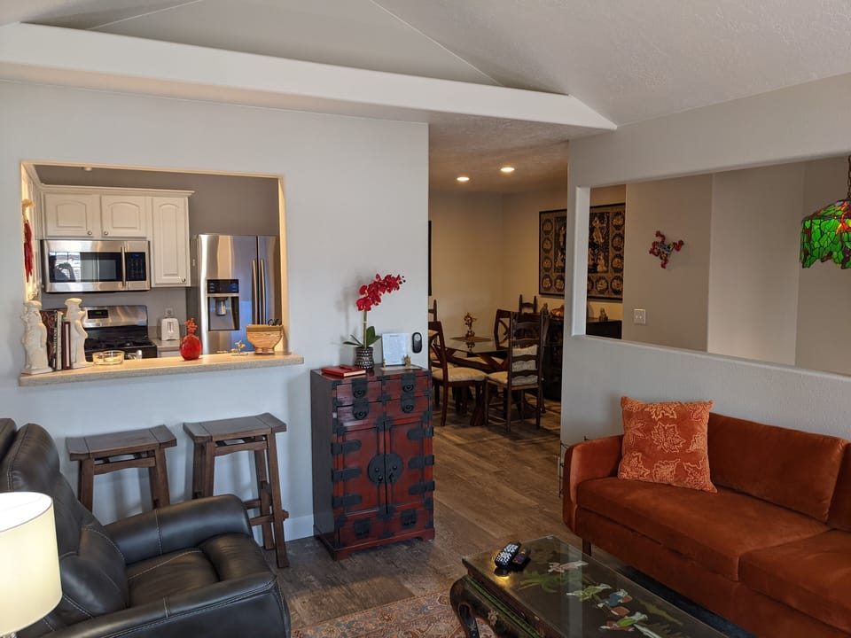 Living room into kitchen and dining room