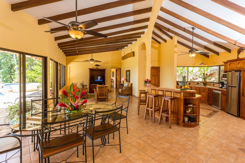 Living room, dining area and kitchen