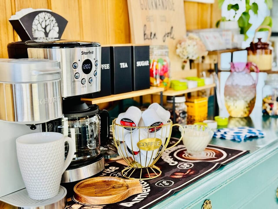 A fully stocked coffee bar with everything you need to start your day right.