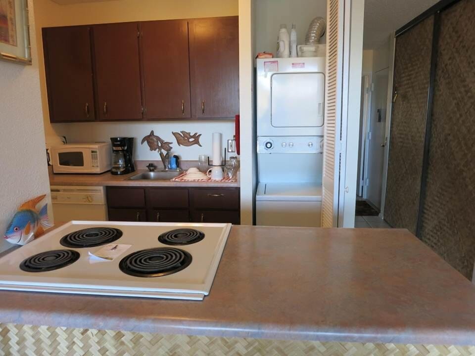 Kitchen view showing washer dryer