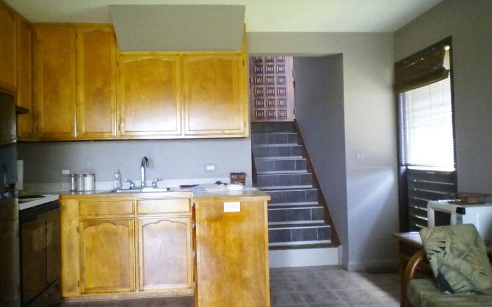 kitchen and stairs to the front entrance
