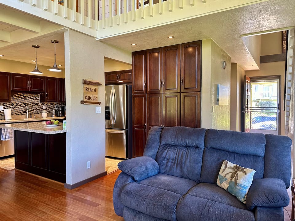 Living room viewing into kitchen