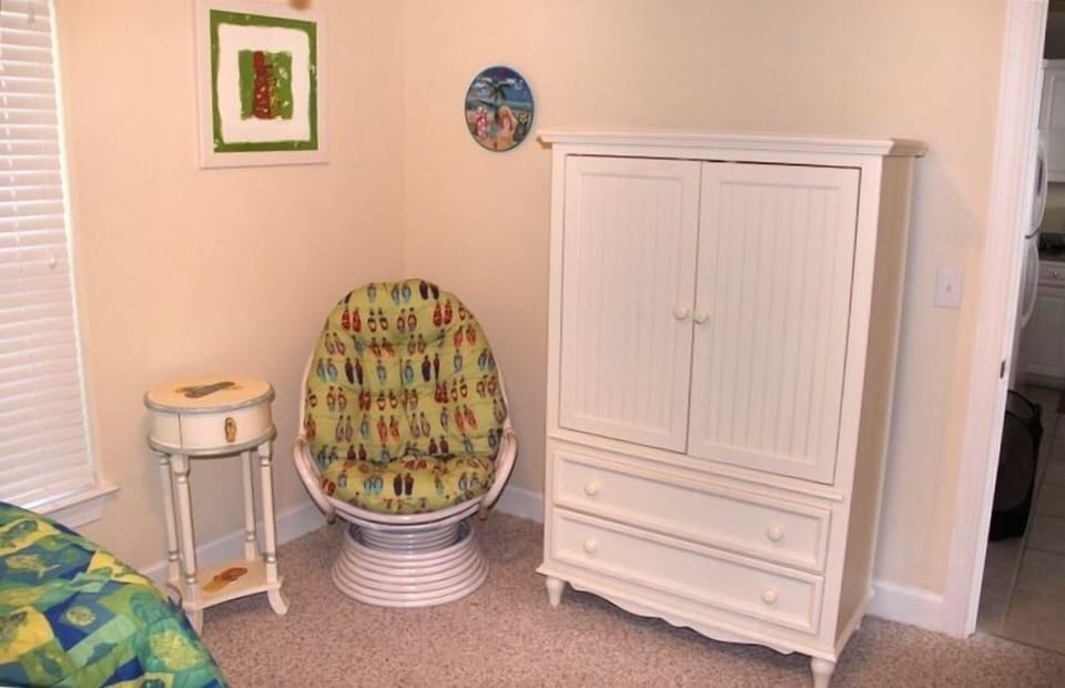 2nd bedroom reverse view, all bedrooms come with large TV, DVD/VCR, alarm clock