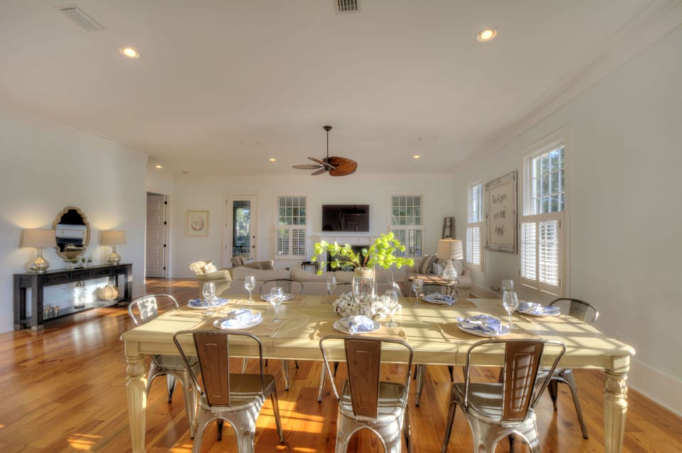 View of dining and family room from kitchen.