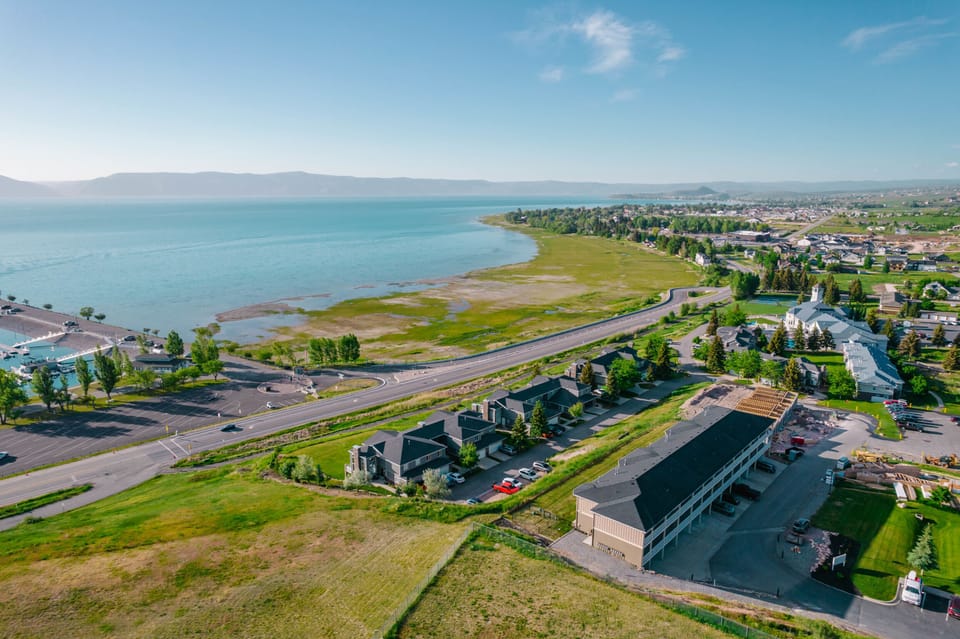 Aerial view of the condo and lake