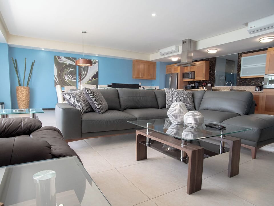 Open concept living room/kitchen/dining room.