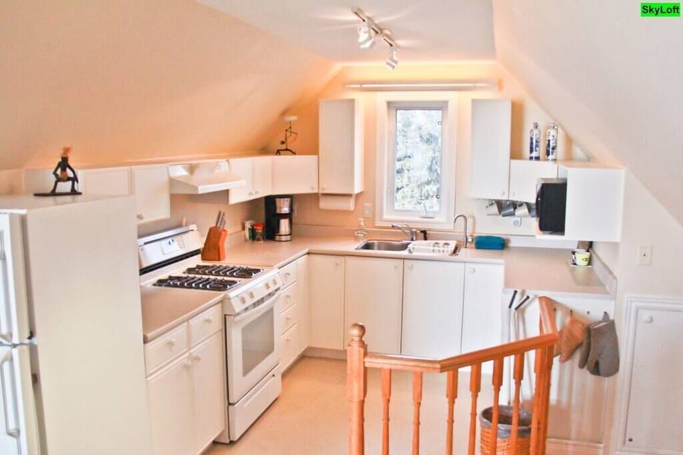 SkyLoft kitchen is to the right of the top of the stairs. 