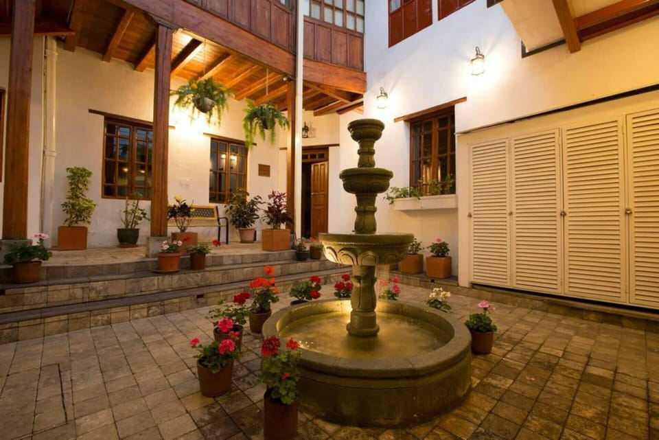 Carved stone water fountain with green plants and geraniums 