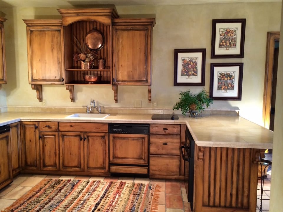 Kitchen area. Range, dishwasher, small fridge, oven, standard kitchen amenities