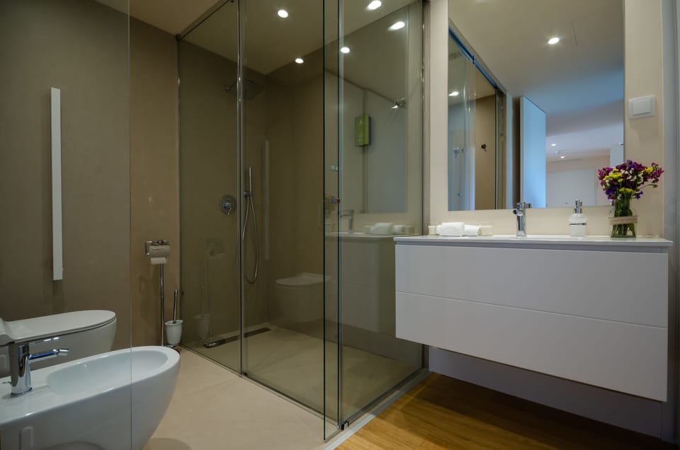 Shower, hair dryer, bathrobes, slippers
