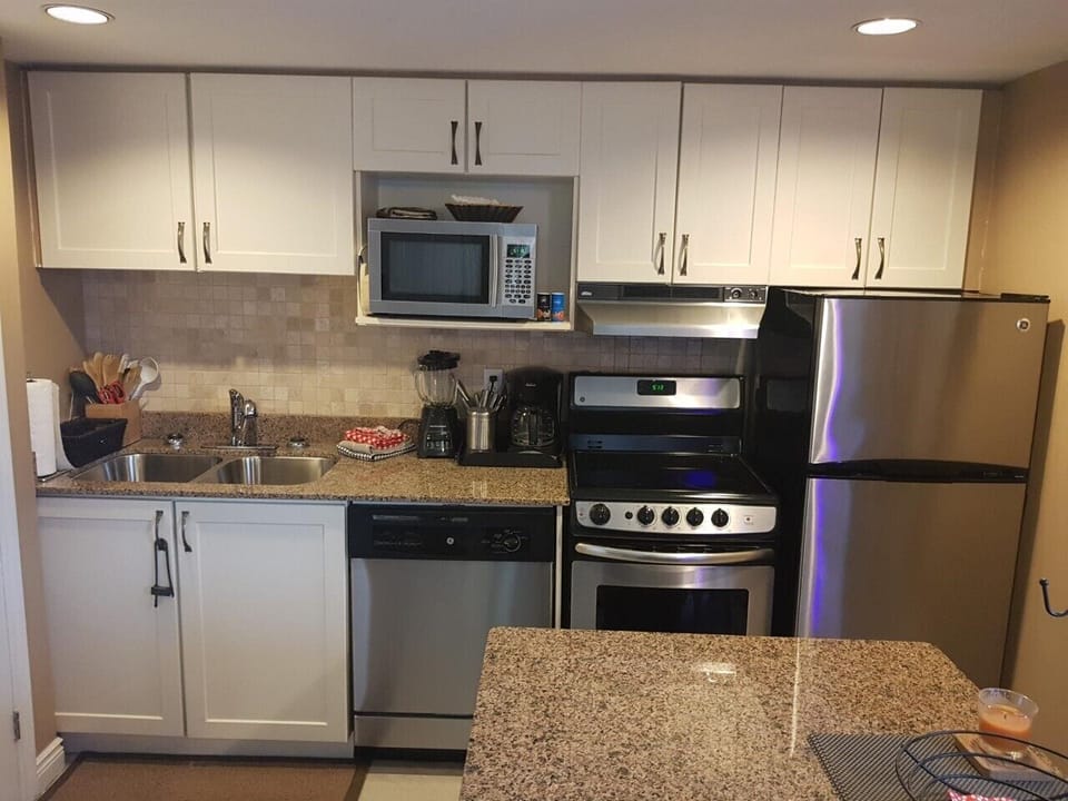Fridge, stove, dishwasher, microwave, kettle, toaster, blender, dishes, cookware