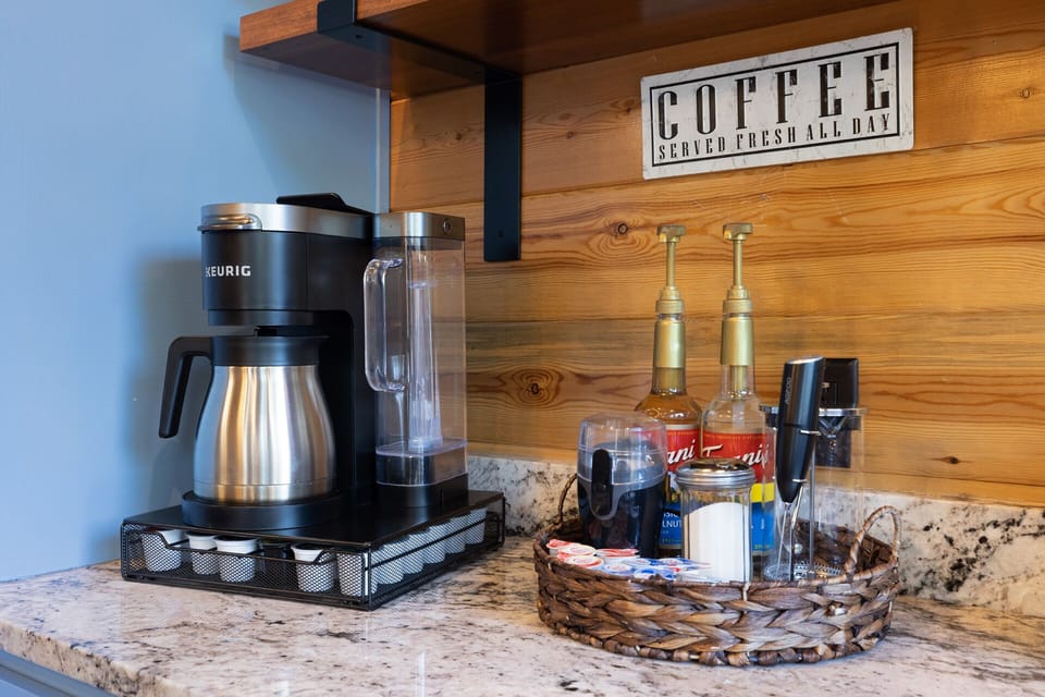 Enjoy the Coffee Bar with K Cup or Drip Coffee with Coffee Bean grinder for your fresh whole beans.