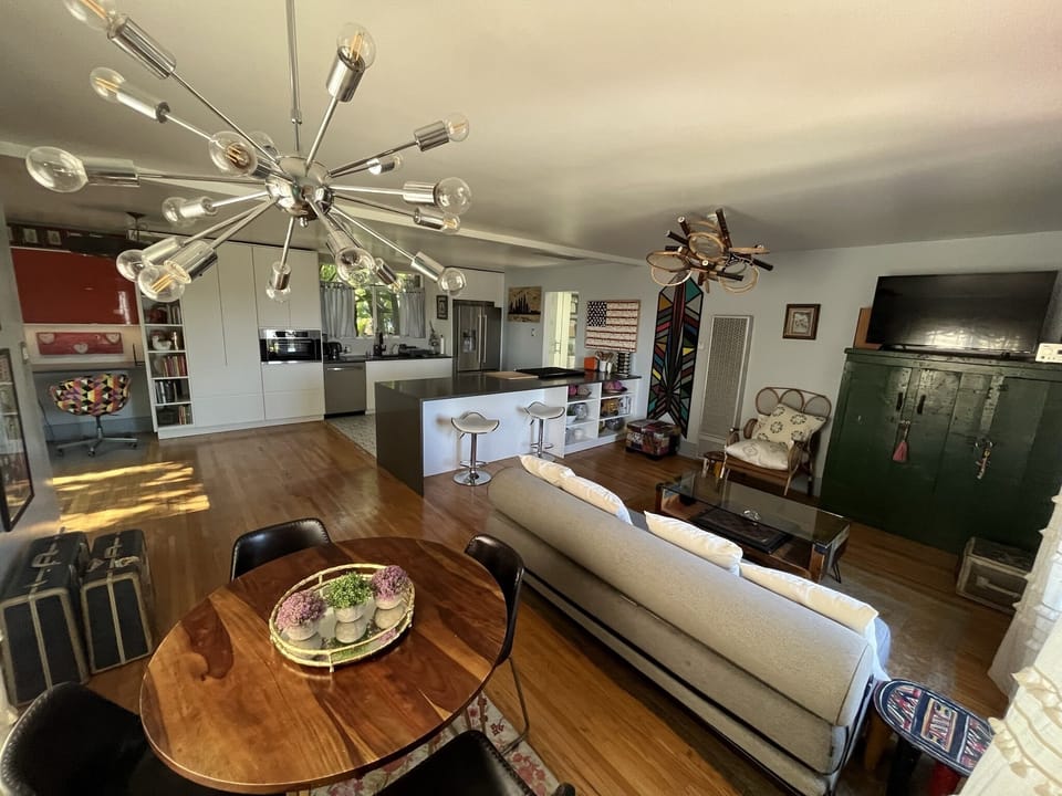 Living area, kitchen open plan