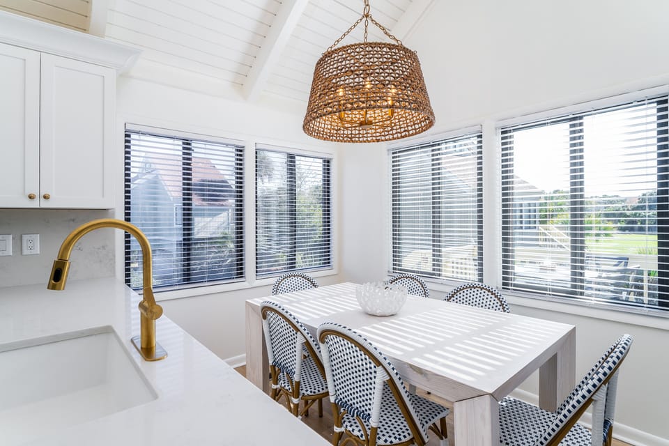 The dining table seats 6