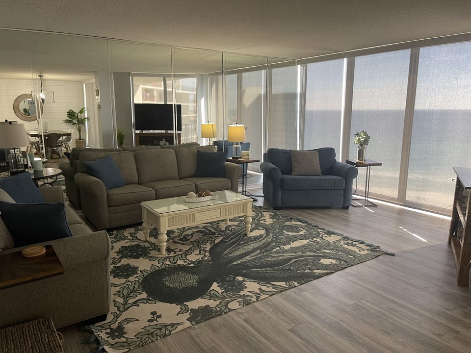 Remodeled living room.  Amazing view of the gulf from the living room.