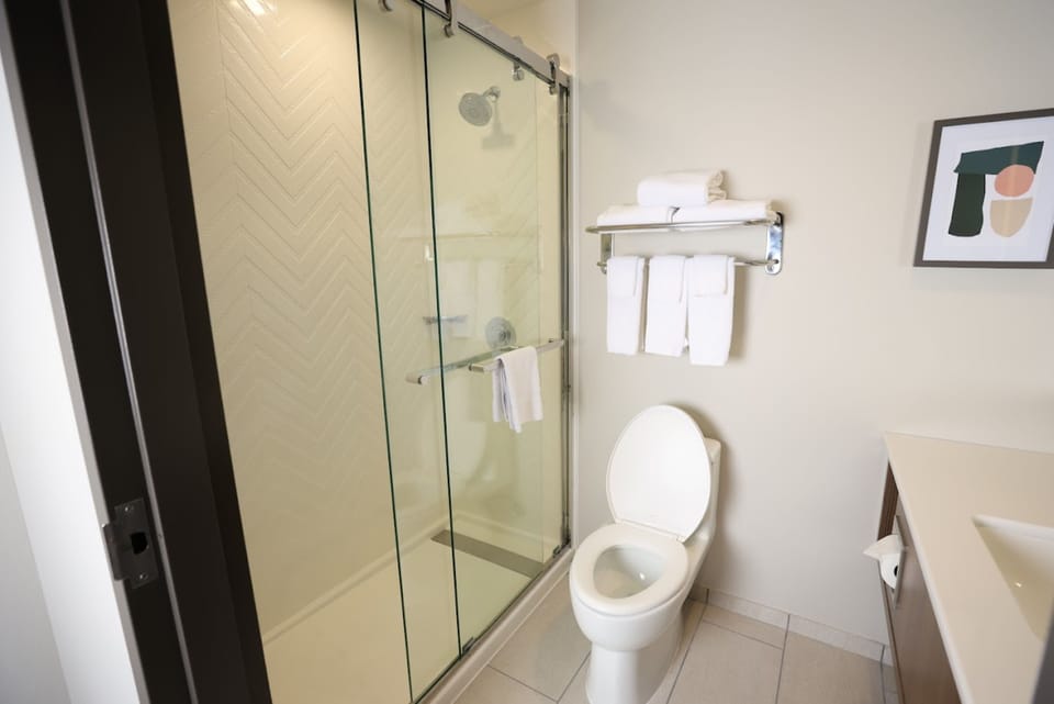 Combined shower/tub, hair dryer, towels