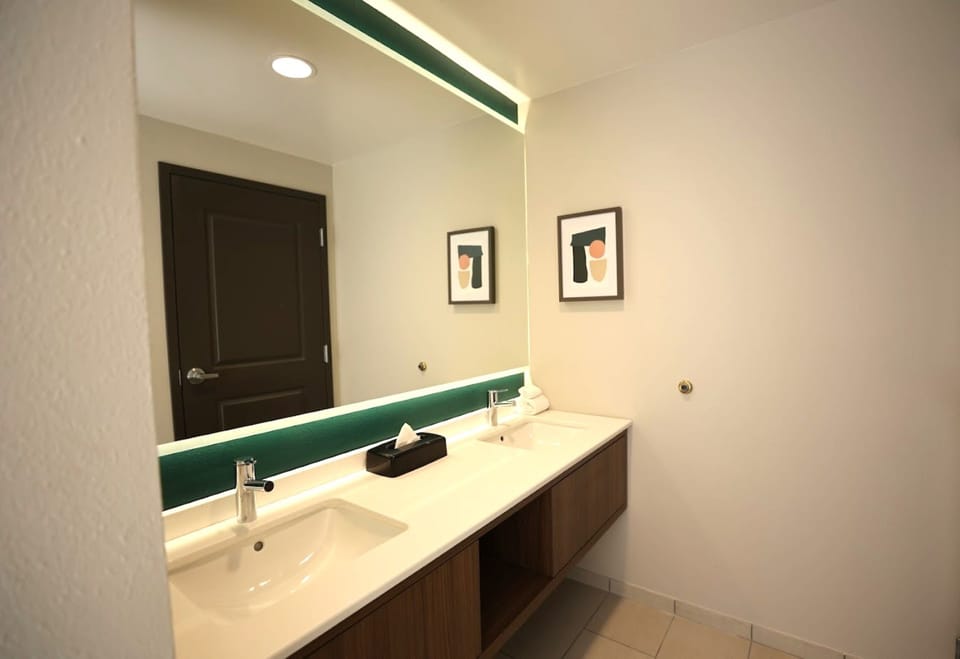 Combined shower/tub, hair dryer, towels