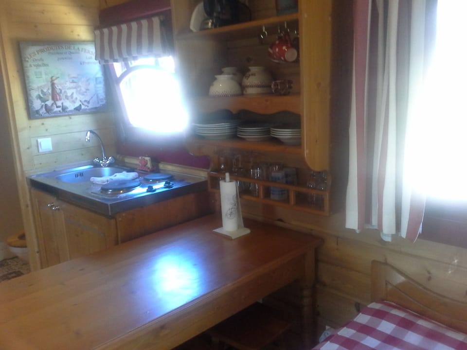 Deluxe Mobile Home (Roulotte) | Private kitchenette | Fridge, microwave, stovetop, coffee/tea maker