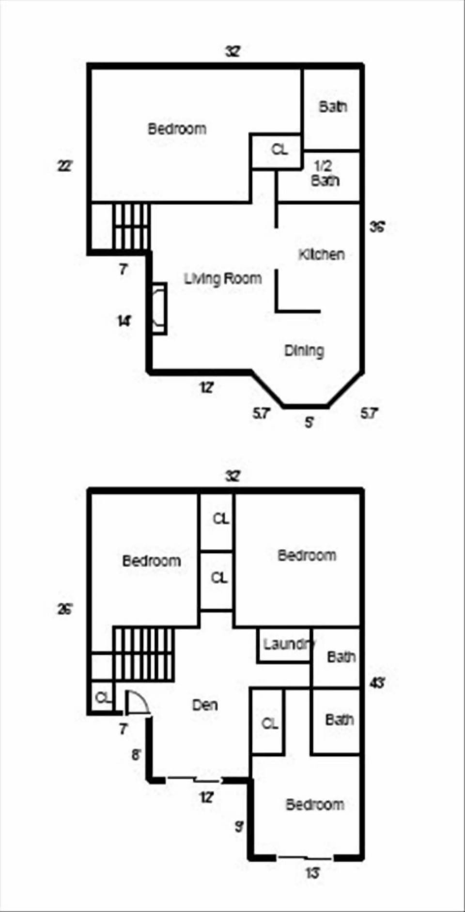 Floor plan of top 2 levels. Upper level is on top. 4 BRs. 3.5 baths. Sleeps 17.