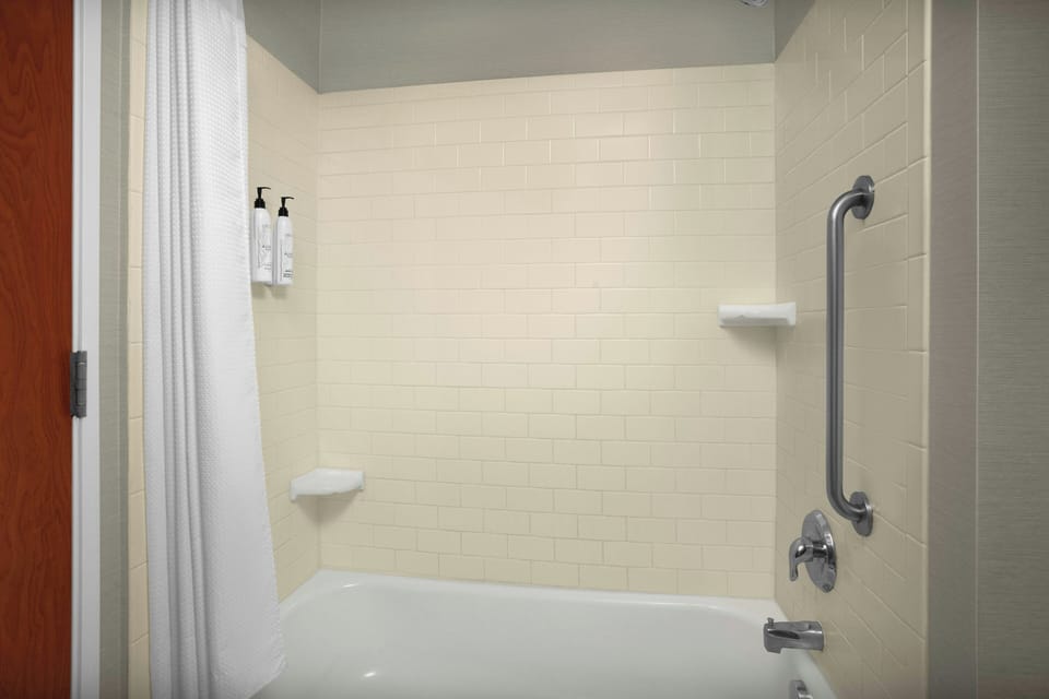 Combined shower/tub, free toiletries, hair dryer, towels