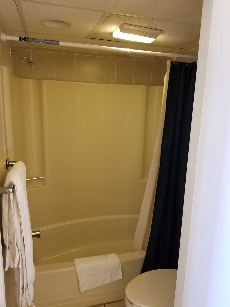 Combined shower/tub, free toiletries, towels