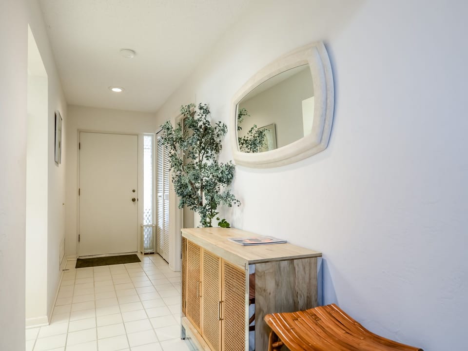 Entryway with dresser and potted plant.