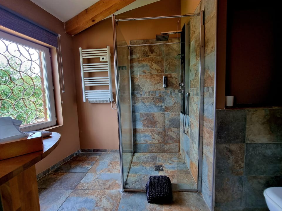 Deluxe Double Room, 1 King Bed, Private Bathroom, Garden View (Pic Saint Loup ) | Bathroom | Shower, hair dryer, bathrobes, towels