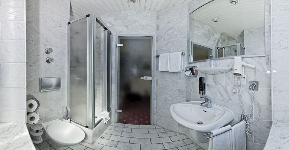 Shower, free toiletries, hair dryer, towels