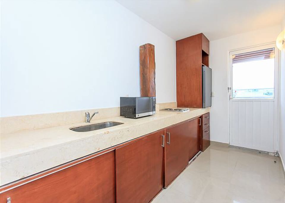 Penthouse | Private kitchen | Full-size fridge, microwave, oven, stovetop