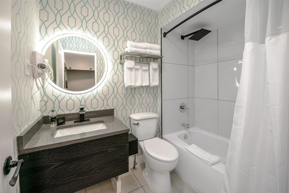 Combined shower/tub, free toiletries, hair dryer, towels